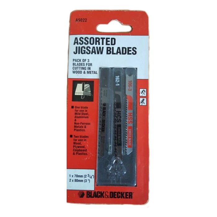 Black & Decker A5022 Pack Of 3 Jigsaw Blades For Wood & Metal Cutting 1 X 70mm, 2 X 80mm A5022 Black & Decker A5022 Pack Of 3 Jigsaw Blades For Wood & Metal Cutting 1 X 70mm, 2 X 80mm A5022