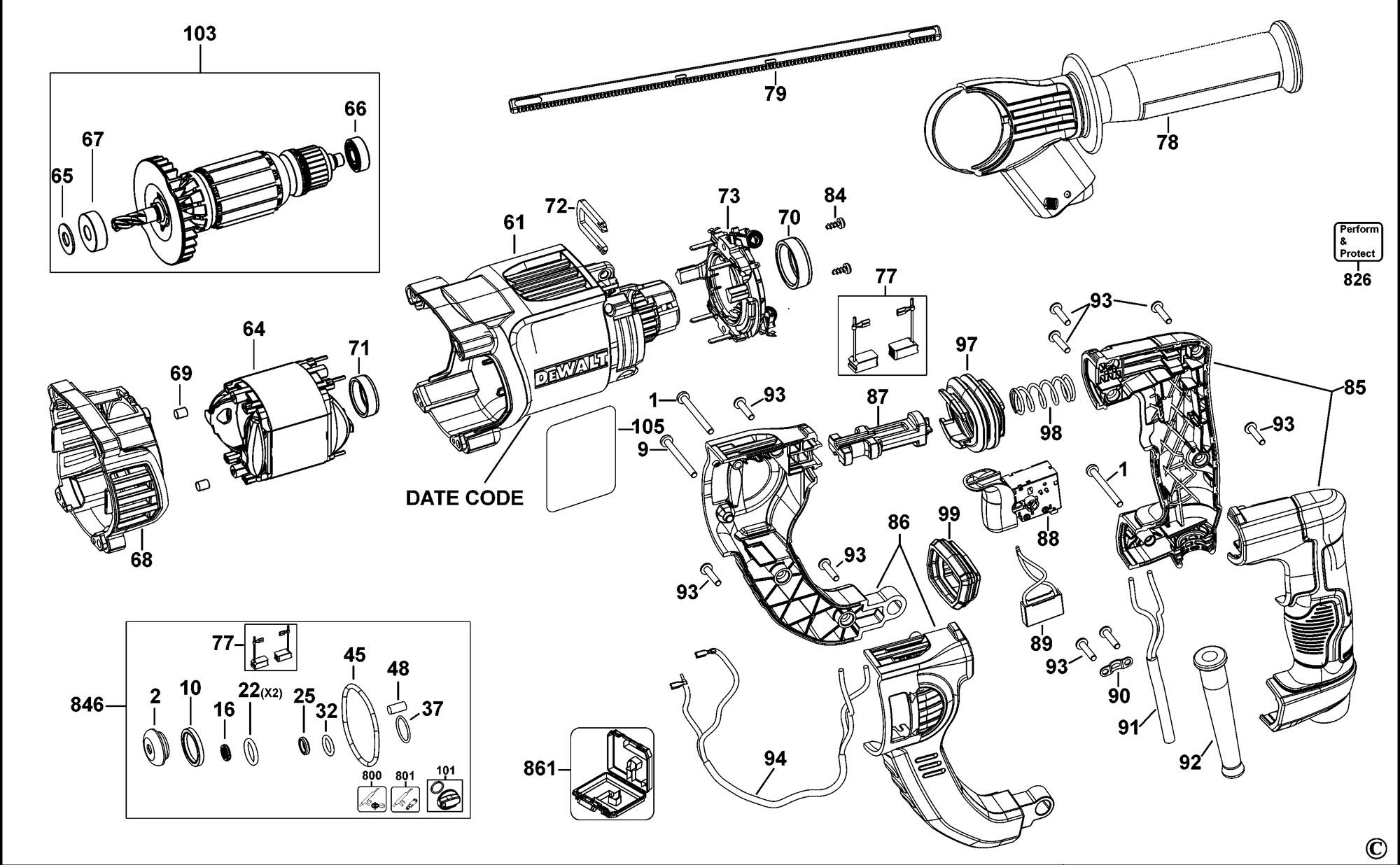 Dewalt D25263 Rotary Hammer type 1 Spare Parts SPARE D25263